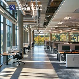 interior of a modern office with open floor plan desk seating and lots of windows